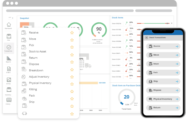 BarCloud inventory system showing stock transaction options including receive, move, pick, pack, and ship across desktop and mobile