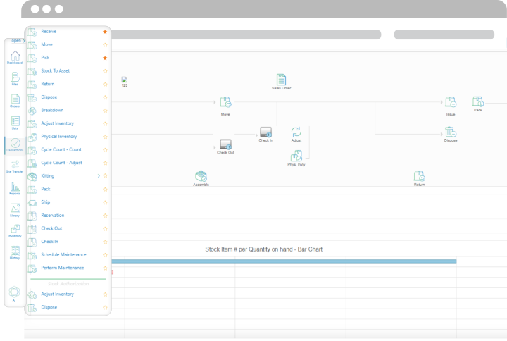 Inventory management software showing asset tracking and reporting across multiple locations using desktop and mobile views.