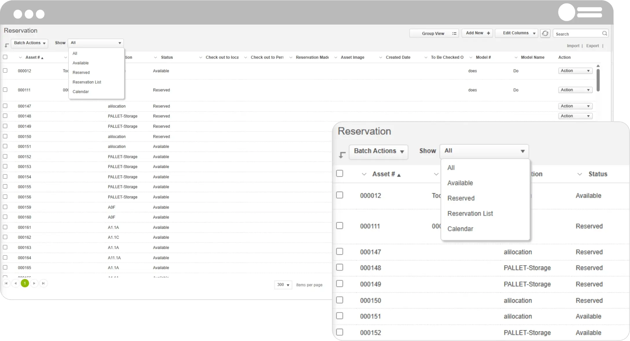 Asset reservation management dashboard showing a table of assets with status filters, batch actions, and columns for asset number, location, and reservation status, with a dropdown menu for viewing available, reserved, list, or calendar views.