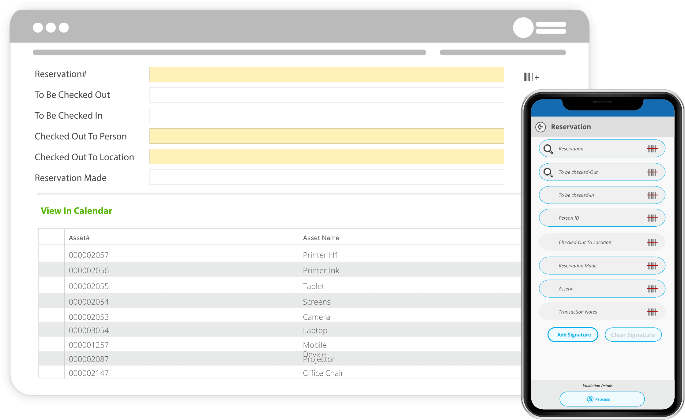 Asset reservation and checkout management interface showing a desktop web form with reservation details and an asset list, alongside a mobile app screen with barcode scanning, person ID, asset number, and digital signature options.