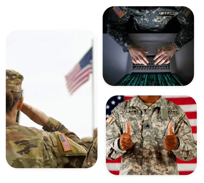 Three images of U.S. Army members, including a soldier saluting, a soldier using a laptop, and a soldier giving a thumbs-up.