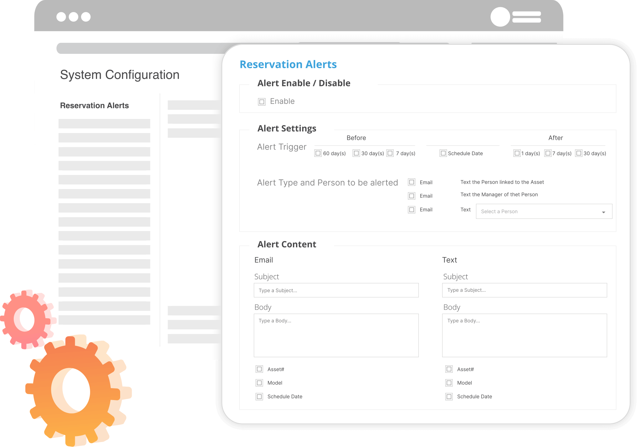 System configuration screen for reservation alerts, showing options to enable alerts, set trigger timing before or after reservation dates, choose email or text recipients, and customize alert message content.