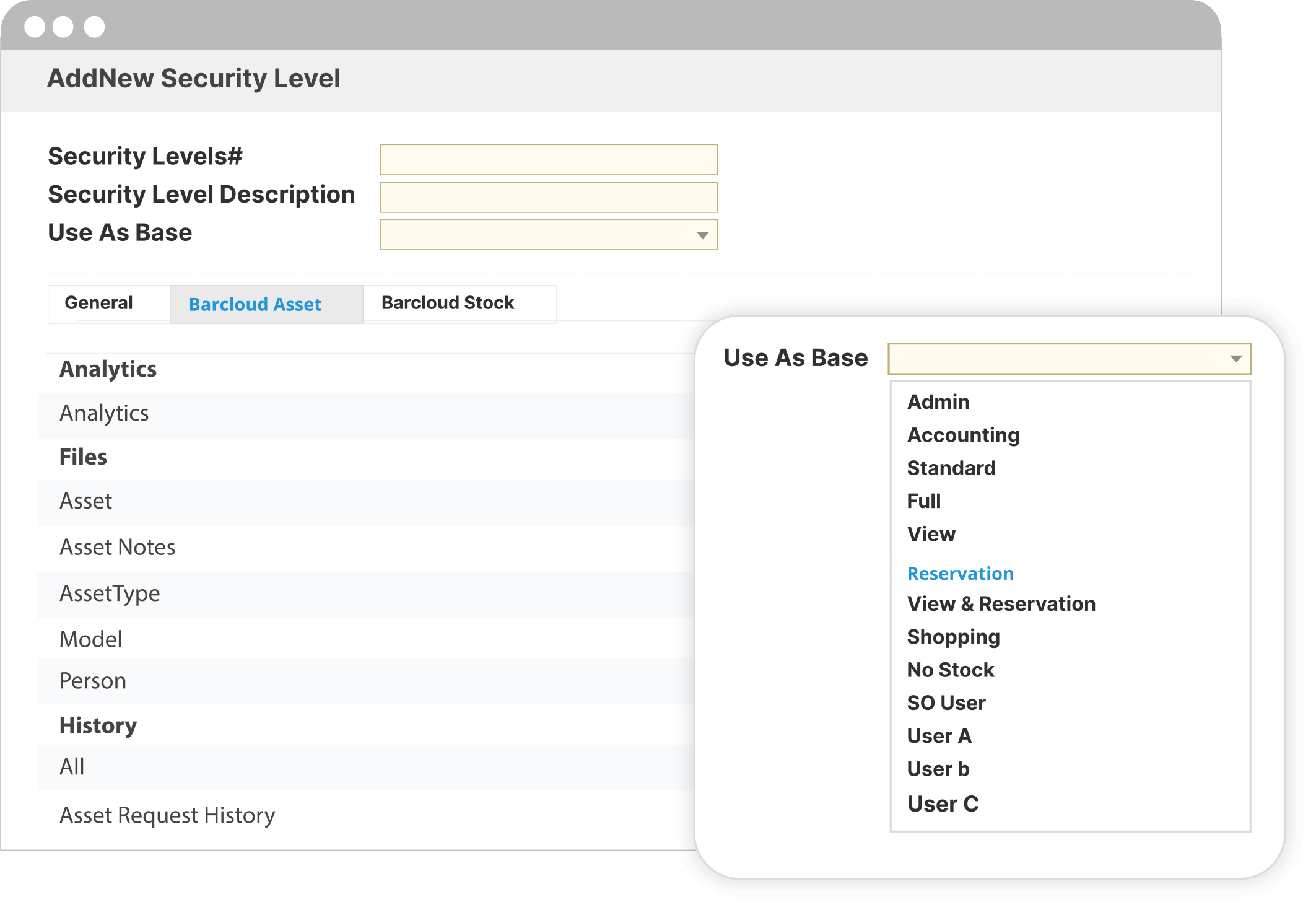 Add New Security Level screen showing fields for security level ID, description, and base role selection, with permission tabs and a dropdown list of predefined access levels such as admin, reservation, and view.