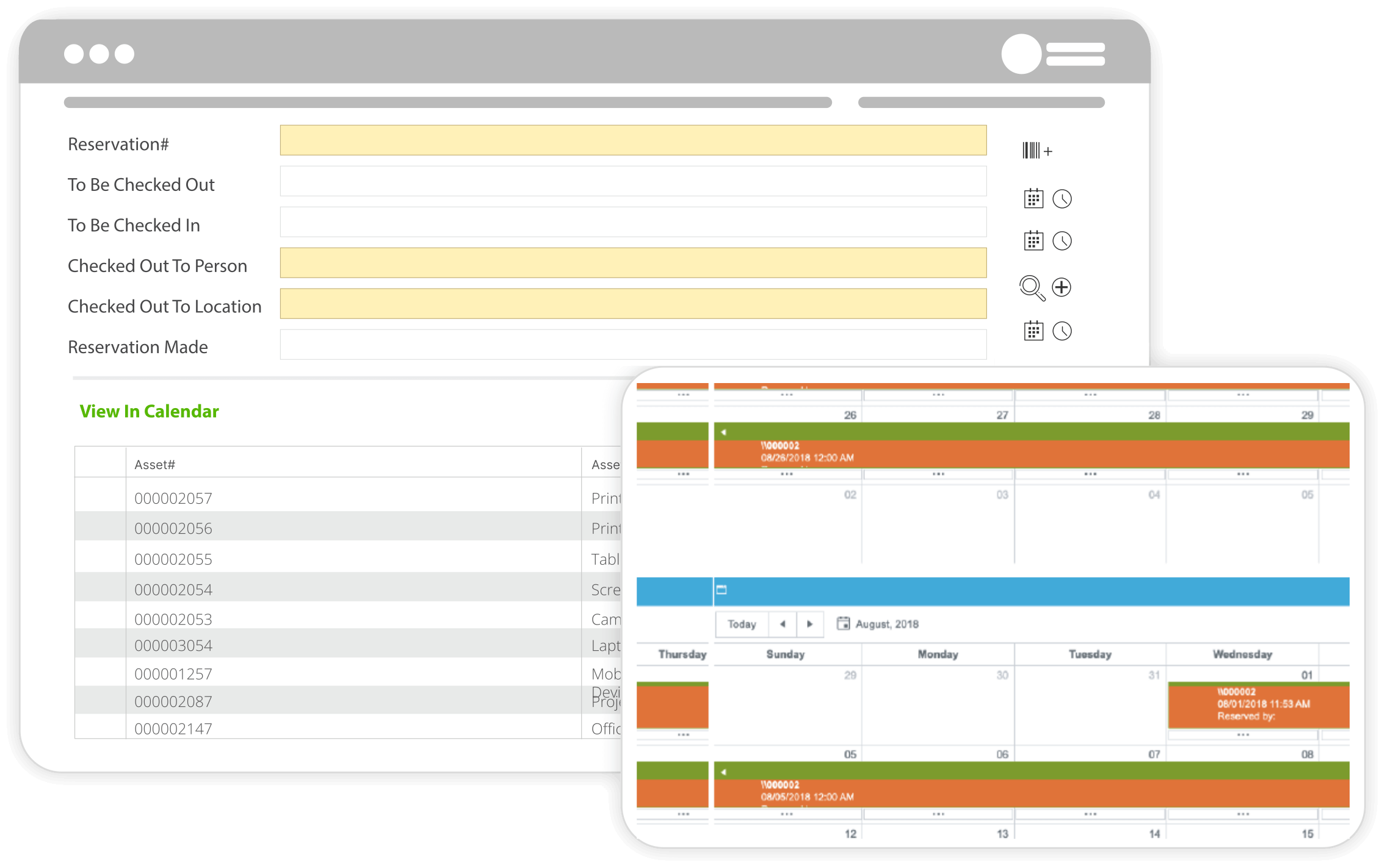 Asset reservation interface showing a reservation form with checkout and return fields, an asset list below, and an overlaid calendar view displaying scheduled asset reservations across multiple dates.