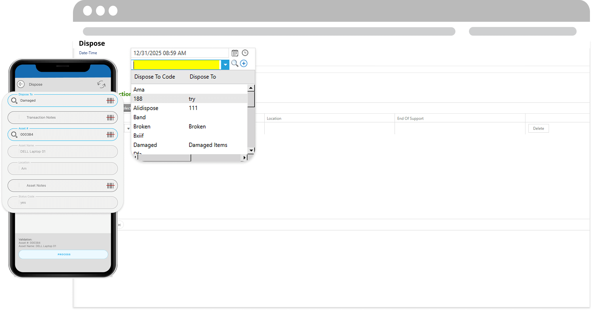 Asset disposal screen showing a dispose transaction with selectable disposal reasons, asset details, and a mobile app used to process asset disposal.