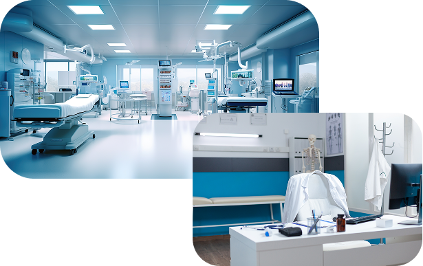 Modern hospital operating room and medical exam room, representing clinical environments that rely on accurate inventory management.
