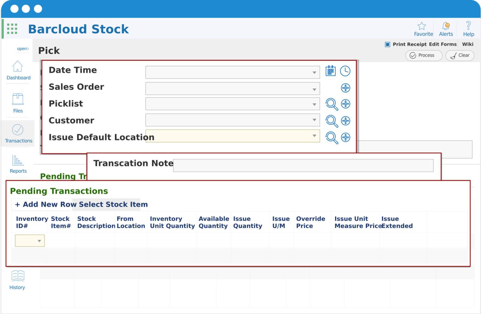 Inventory picking screen showing a pick transaction with sales order details, customer selection, default issue location, and pending stock items.
