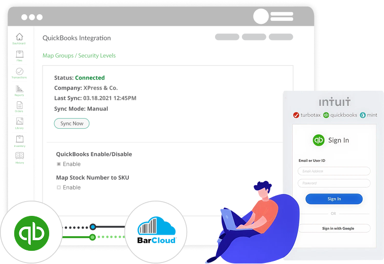 QuickBooks integration screen showing connected status, sync settings, and options to map stock numbers to SKUs, with Intuit QuickBooks sign-in.