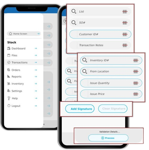 Mobile inventory management app showing an issue transaction with customer ID, inventory ID, location, quantity, pricing fields, barcode scanning, and signature capture.
