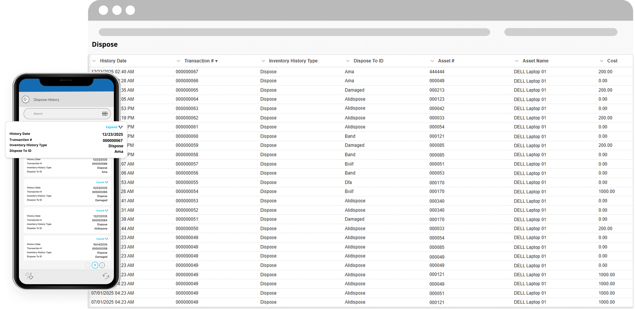 Asset disposal history screen showing disposed assets, transaction IDs, dates, asset names, and disposal statuses in a centralized inventory system.