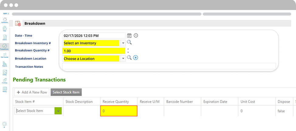 Inventory breakdown workflow showing item selection, quantity input, and location assignment
