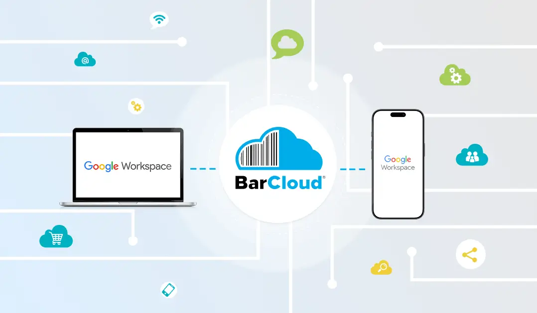 Illustration showing BarCloud connected to Google Workspace on a laptop and mobile device with cloud-based data synchronization