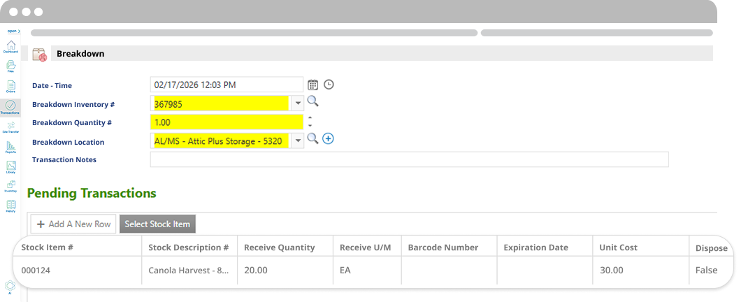 Inventory breakdown transaction converting one stock item into multiple items with quantity and location tracking