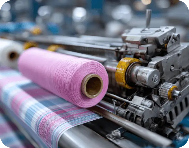 Textile manufacturing machine producing fabric with yarn spool on industrial loom