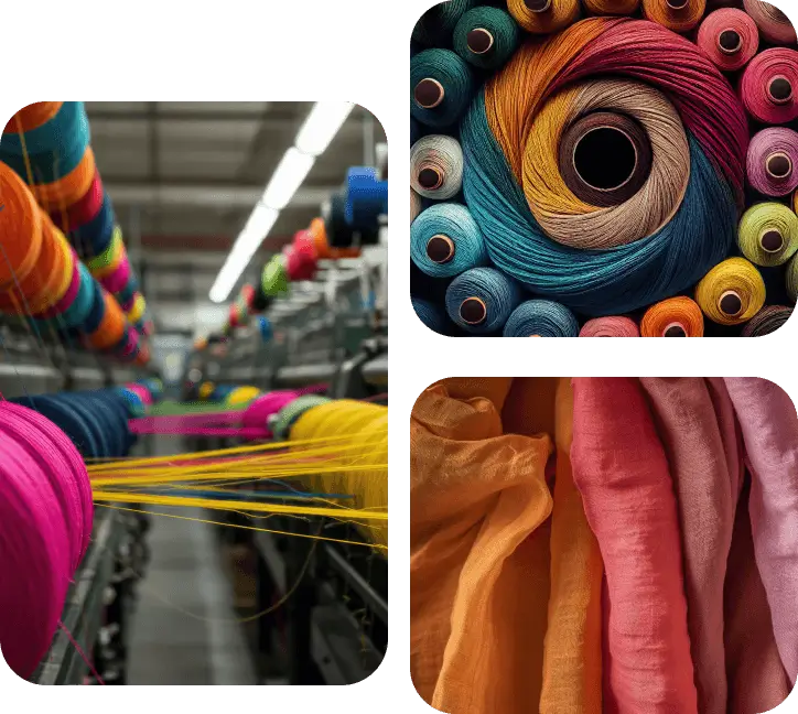 Textile manufacturing process with colorful threads, fabrics, and materials in production