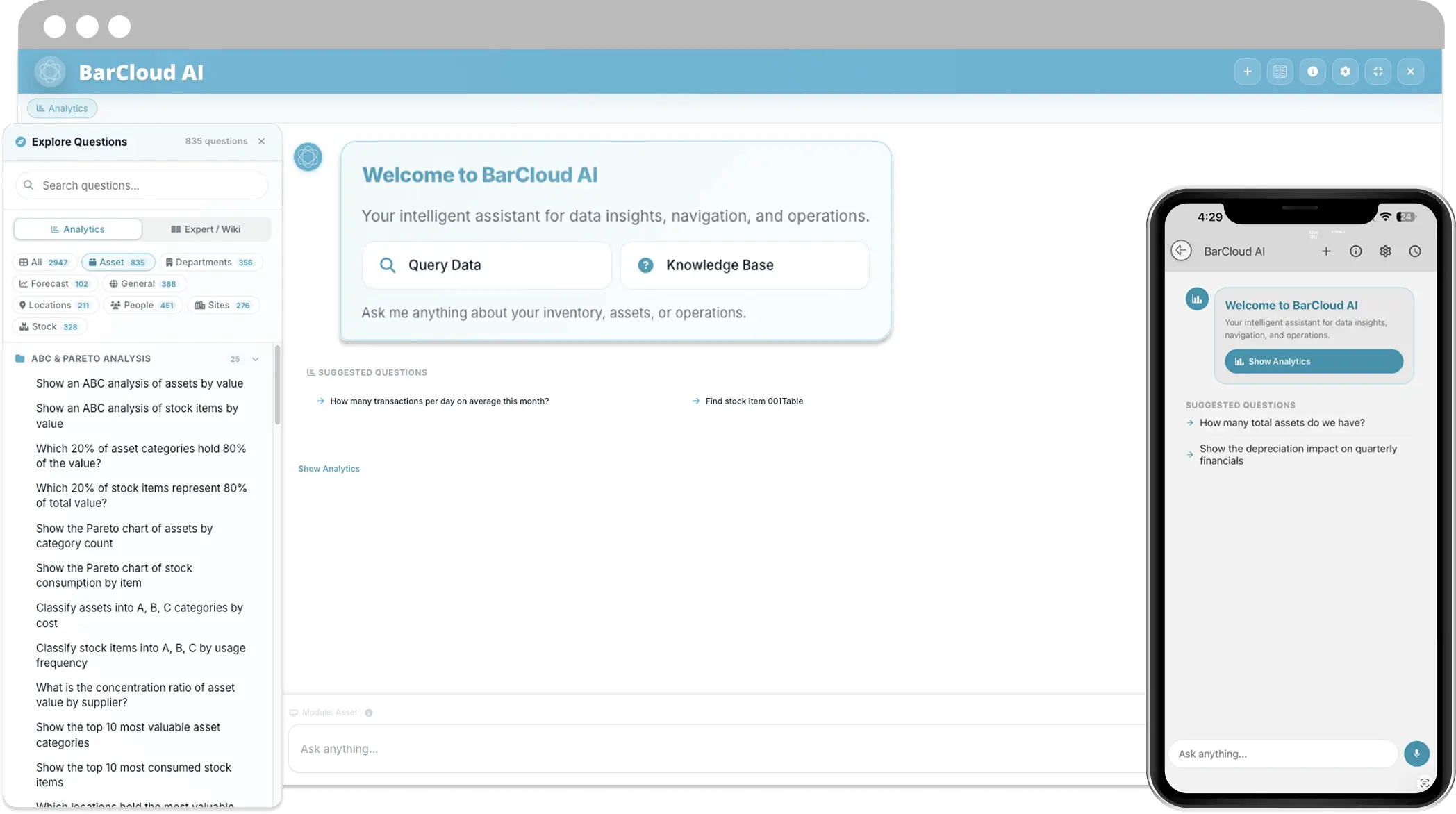 BarCloud AI asset management assistant on desktop and mobile showing responsive cross-device access