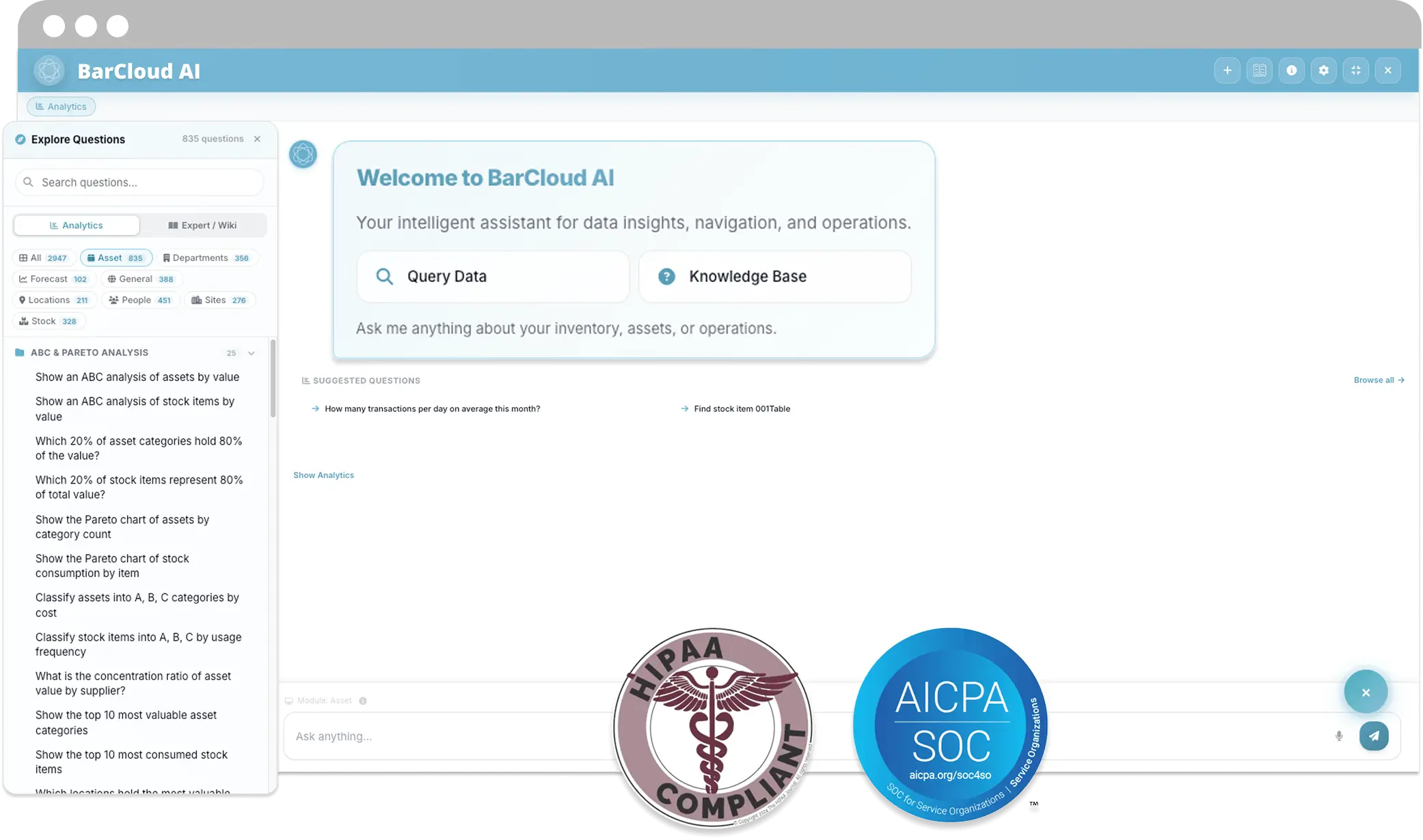 BarCloud AI inventory management software with HIPAA compliant and SOC 2 certified security controls