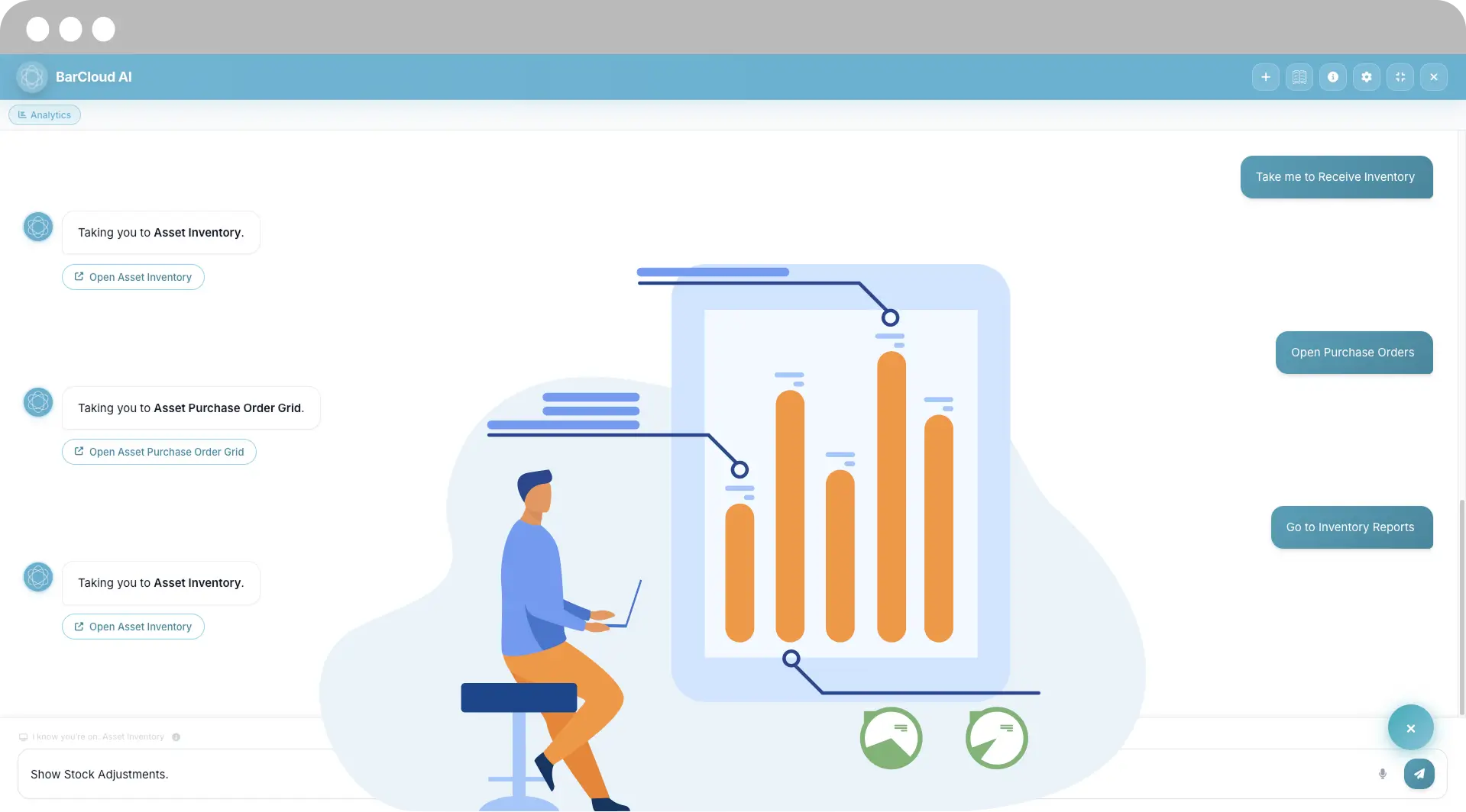 BarCloud AI navigation assistant directing users to inventory transactions, purchase orders, and inventory reports
