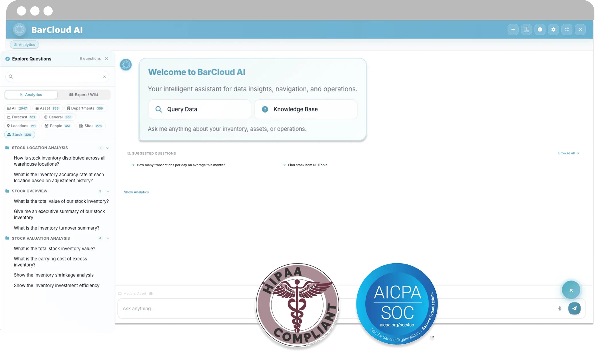 BarCloud AI inventory management software with HIPAA compliant and SOC 2 certified security controls