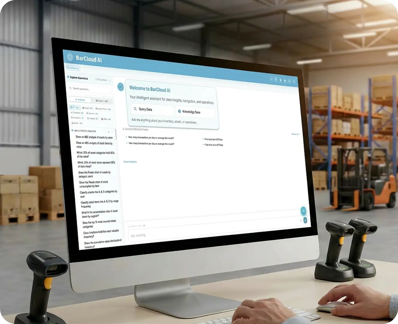 BarCloud AI inventory assistant displayed on a computer monitor inside a warehouse with barcode scanners and inventory shelving