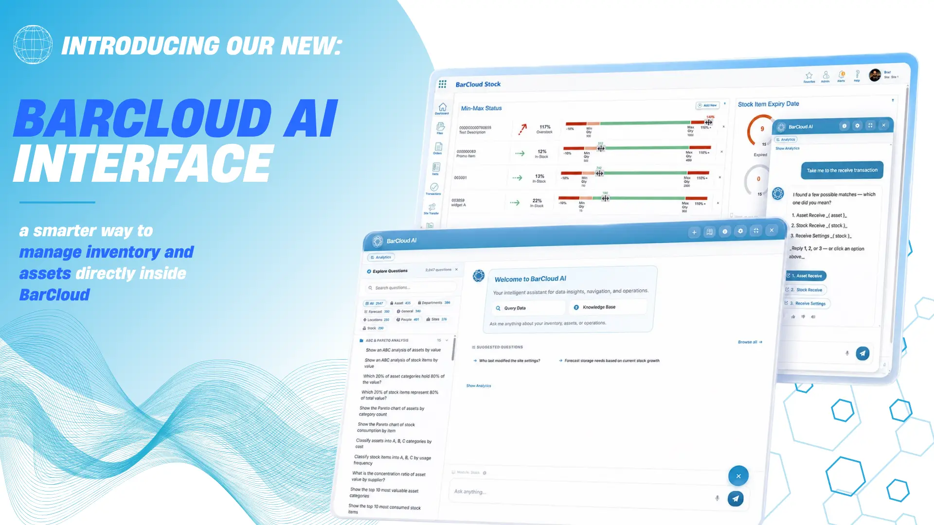 Video thumbnail showing the BarCloud AI interface embedded within inventory management and asset tracking software with analytics, forecasting, and natural language search tools.