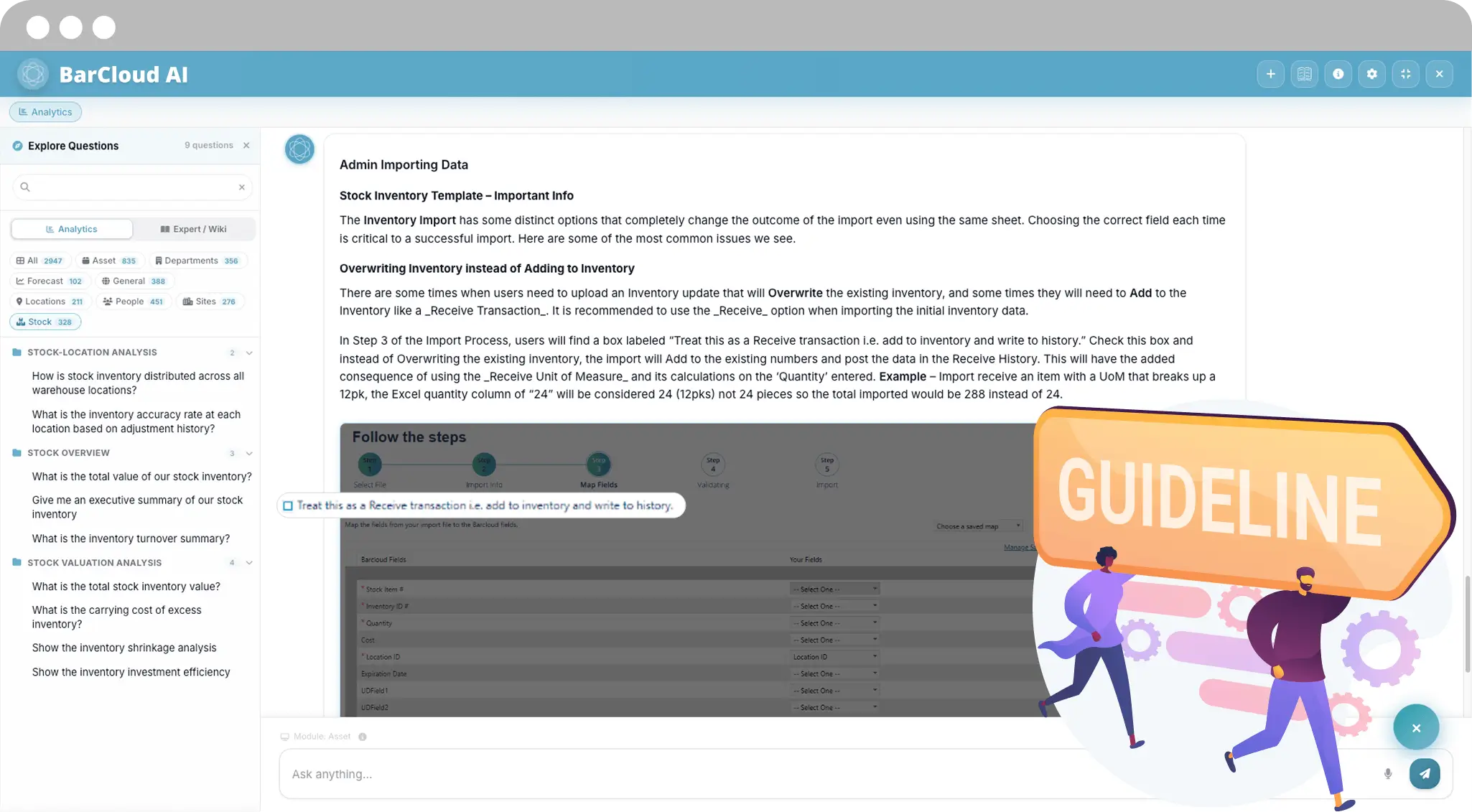 BarCloud AI knowledge base providing inventory management guidance, import instructions, and workflow assistanc
