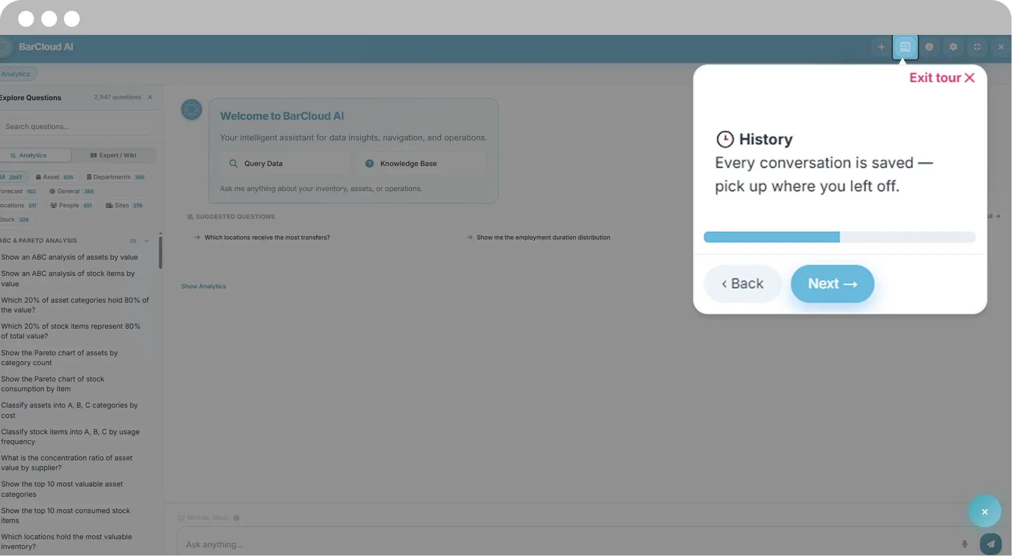 BarCloud AI onboarding tour highlighting conversation history and saved inventory management assistant interactions