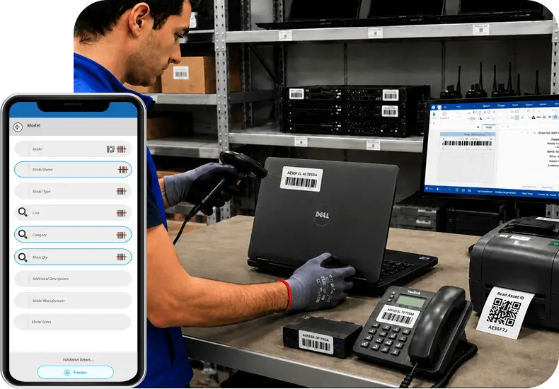 Technician scanning a barcode label on a laptop to track IT assets, with the BarCloud mobile app open to an asset model entry form