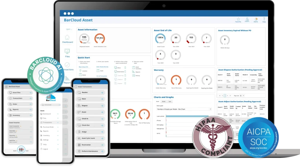 BarCloud inventory and asset tracking software displayed on desktop and mobile screens, with equipment model details, image info, notes, and a secure mobile login interface.