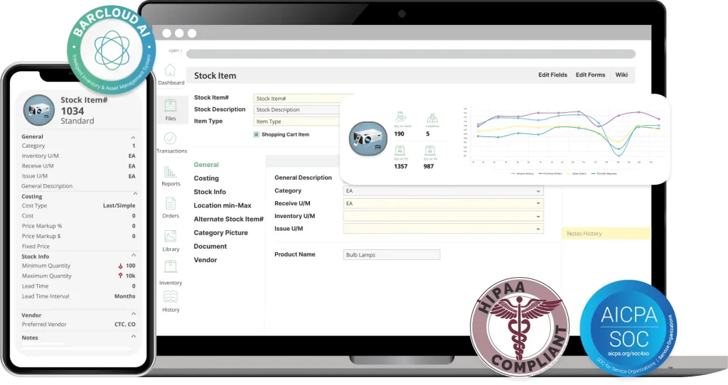 BarCloud inventory stock item detail on desktop and mobile showing quantity on hand, PO/SO levels, stock history chart, and HIPAA/SOC compliance