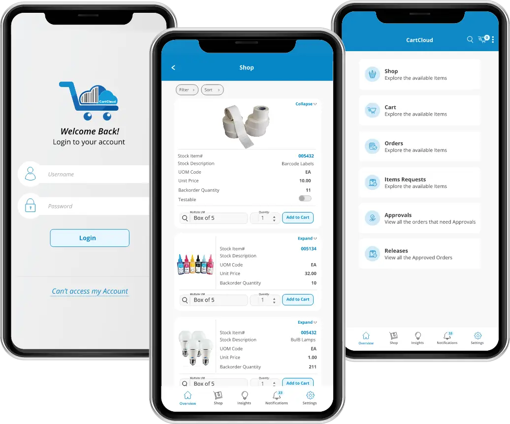 CartCloud mobile inventory ordering app shown across multiple smartphone screens, featuring stock item shopping, cart management, order approvals, releases, item requests, and mobile inventory purchasing tools.