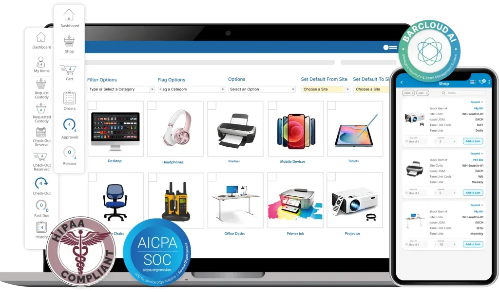 BarCloud and CartCloud inventory management software shown on desktop and mobile screens, featuring inventory ordering, shop items, cart approvals, checkout tracking, compliance badges, and BarCloud AI support.