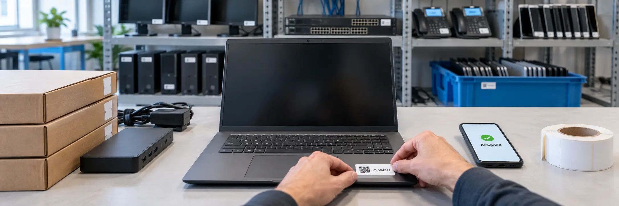 IT-Staging-with-Asset-Labeling IT technician applying a QR code asset tag labeled IT-004512 to a laptop, with a phone showing "Assigned" and tagged equipment on shelves behind